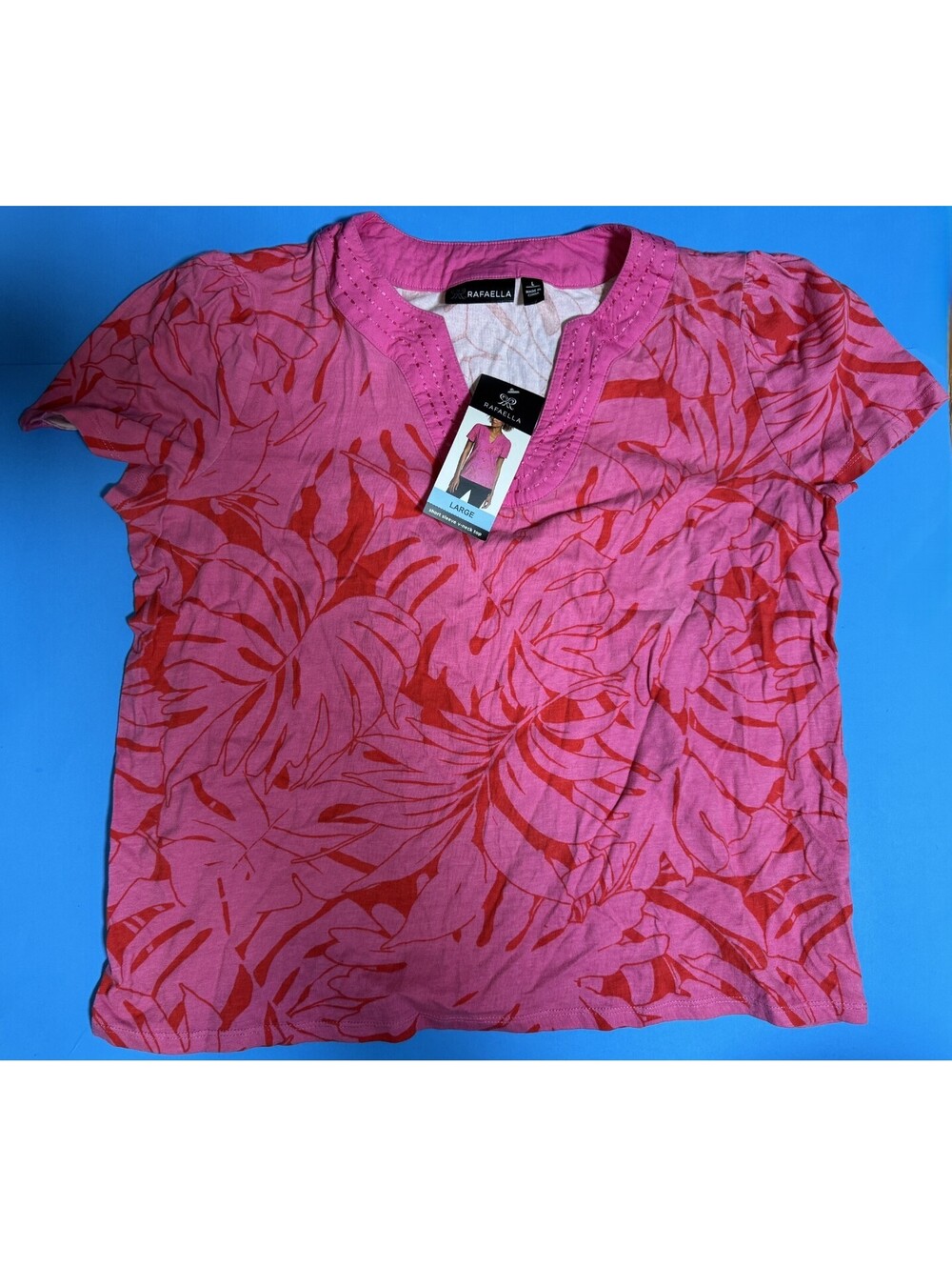 Rafaella Short Sleeve V-Neck Top Carmine Rose Tropical Leaf Print Womens L NEW